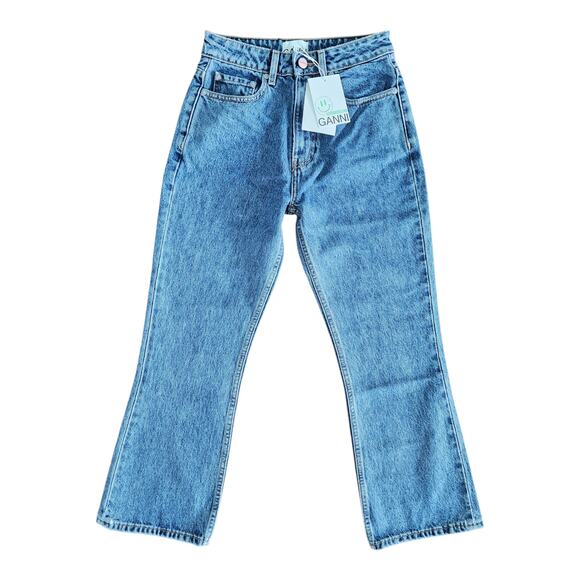 Ganni Betzy Mid Blue Stone High‎ Rise Slim Flare Crop Jean 26/32 NWT $195 - Picture 1 of 9